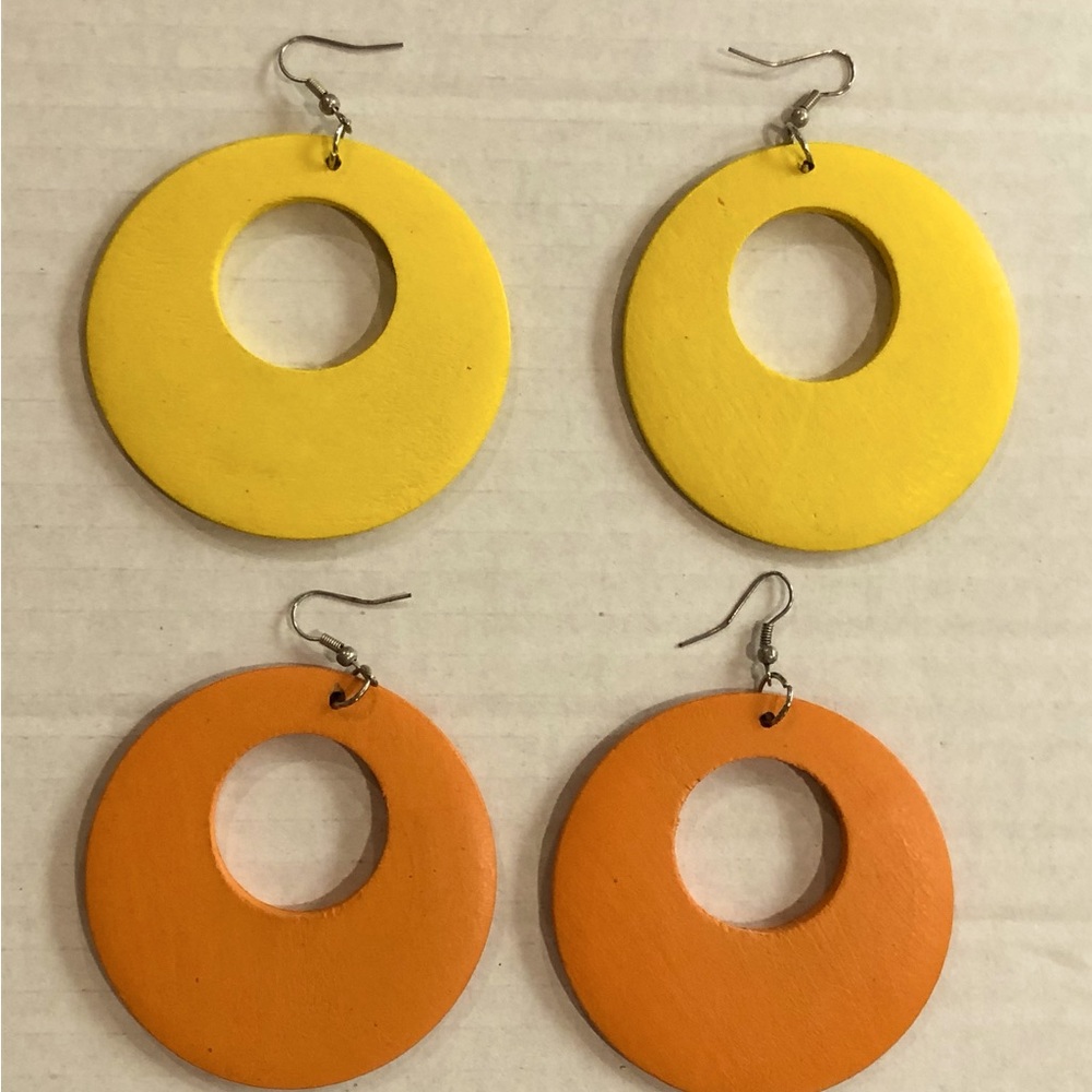 Circular designed Wood Earrings; Yellow & Orange